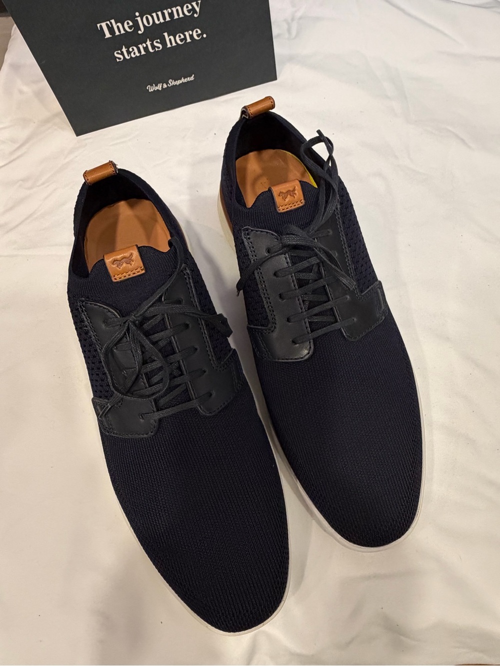Wolf & Shepherd SwiftKnit Derby Men's Navy Knit Sneakers with Tan Leather Trim